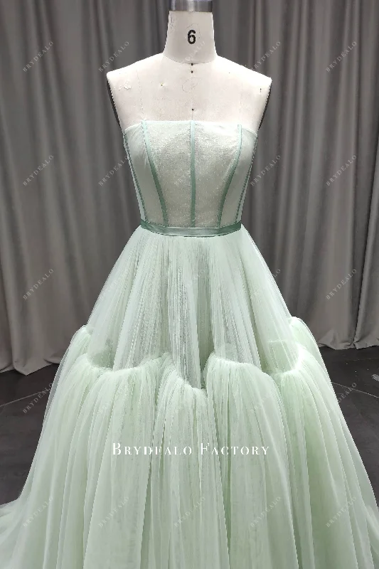 Mint Strapless Pleated Dot Tulle Ballgown Wedding Dress Tulle A-line Dress