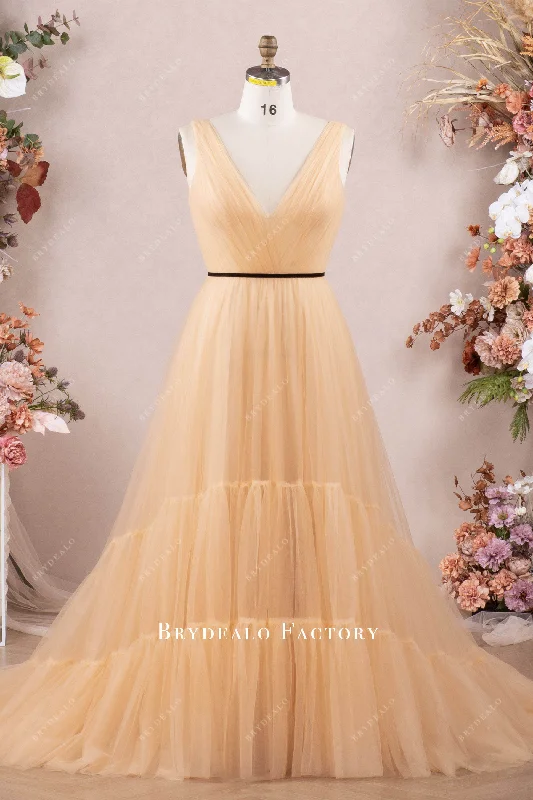 Nude Beige Pleated Tulle Tiered A-line Prom Dress Tulle Dress Outfit