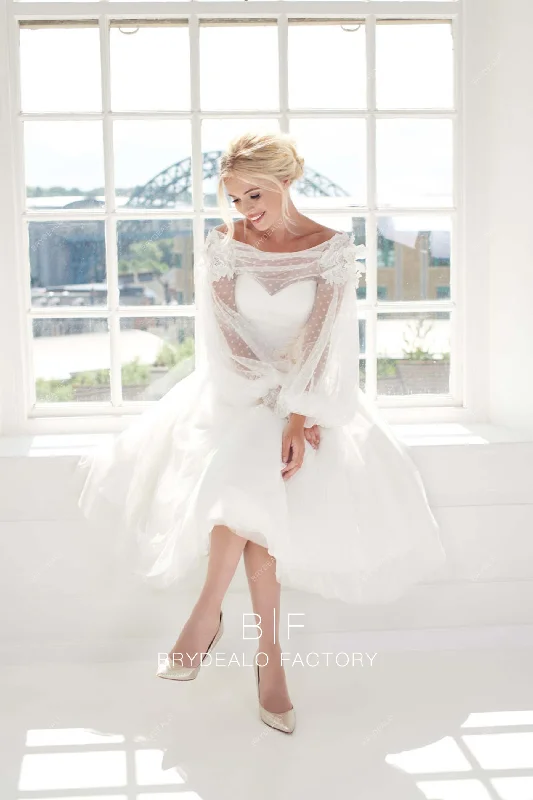 Off-shoulder Pouf Sleeve Dot Tulle Boho Short Wedding Dress Tulle Dress Formal