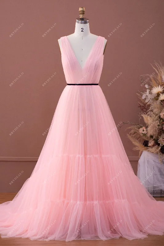 Baby Pink Pleated Tiered Tulle Formal Prom Dress Tulle Party Gown