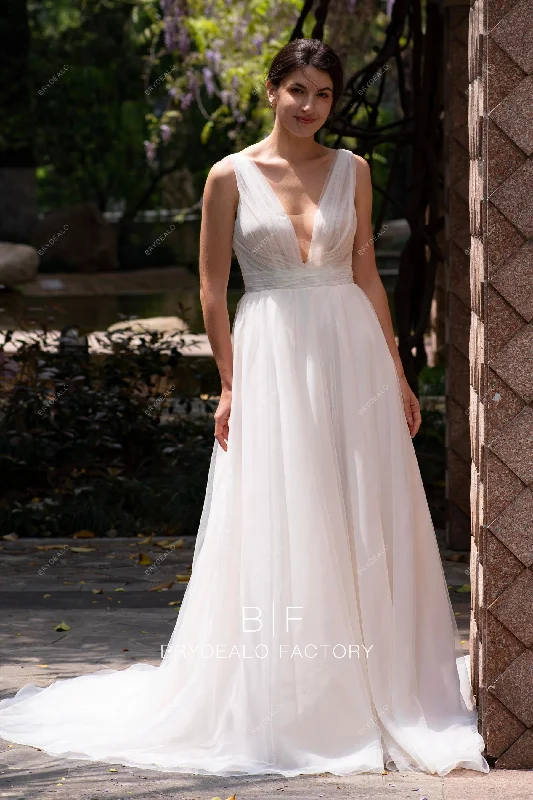 Pleated Plunging Straps Soft Tulle A-line Wedding Dress Fluffy Tulle Dress