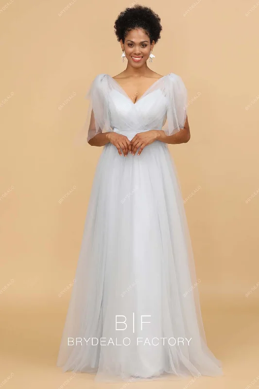 Ice Blue Pleated V-neck Shoulder Tie Tulle A-line Bridesmaid Gown Tulle Party Dress