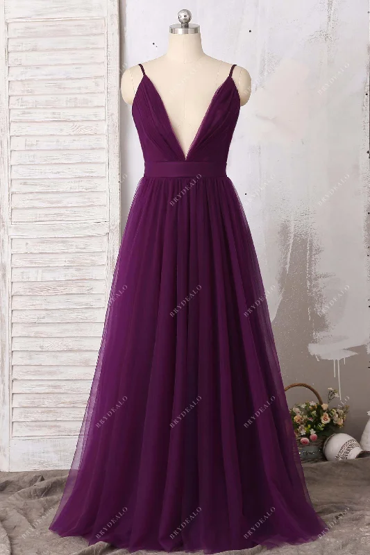 Plum Tulle Plunging Thin Straps Bridesmaid Dress Blue Tulle Dress