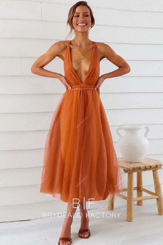 Plunging Neck Orange Tulle Strappy Back Bridesmaid Dress Tulle Wedding Gown