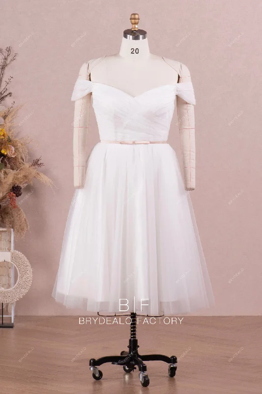 Ruched Tulle Off-Shoulder Tea Length Vintage Informal Bridal Dress Tulle Dress Puff