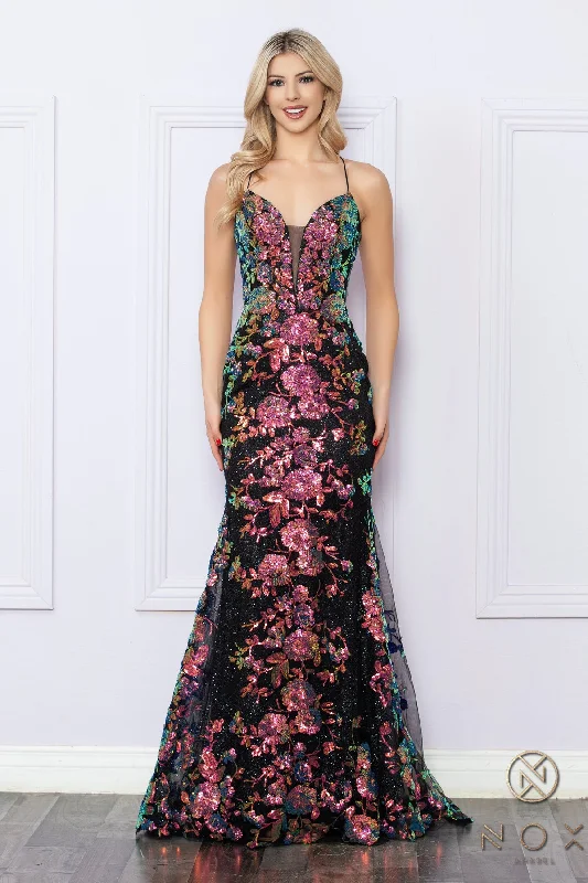 Sequin Print Sleeveless Mermaid Gown by Nox Anabel R1439 Sequin Shift Gown