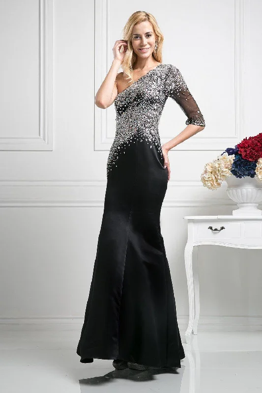 Sequined Asymmetric Trumpet Dress by Cinderella Divine 8789 Formal Sequin Gown