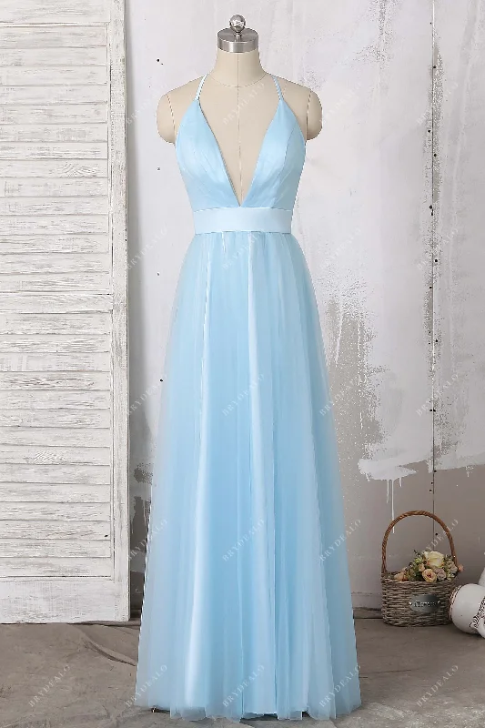 Sky Blue Tulle Overlay Plunging Straps Prom Dress Tulle Dress Simple