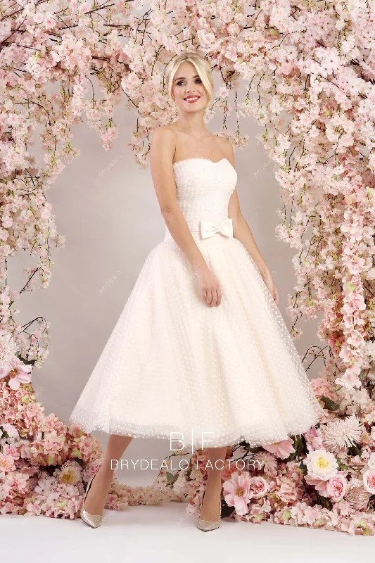 Strapless Dot Tulle Pretty Tea Length Informal Wedding Ball Gown Classic Tulle Dress