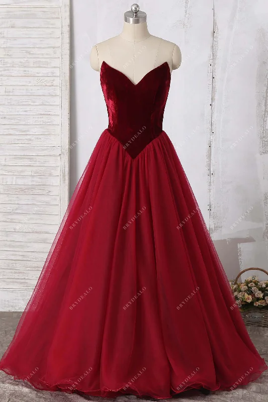 Wine Velvet Tulle V-neck Basque Waist Formal Gown Tulle Lace Dress