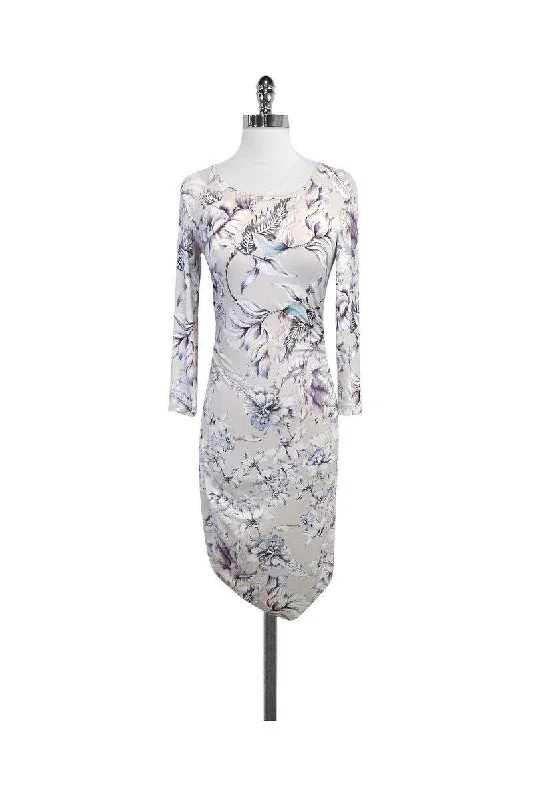 Reiss - Grey & Purple Floral Print Bodycon Dress Sz S V-neck Bodycon Dress