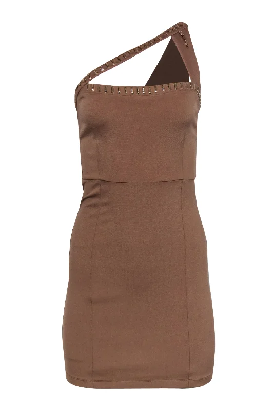 Roccobarocco - Tan One Shoulder Bodycon Dress Sz 6 Form-fitting Bodycon Dress