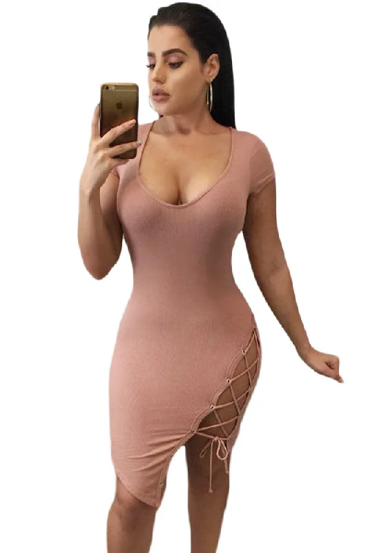 Sexy Pink Lace Up Side Slit Cap Sleeve Bodycon Dress Classic Black Bodycon