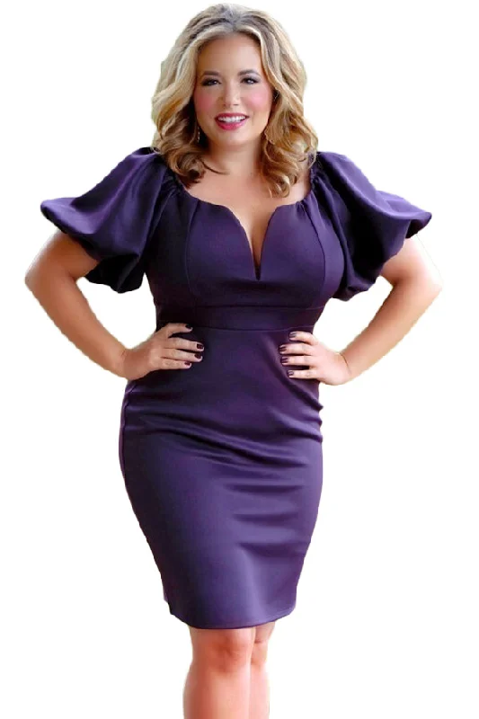 Sexy Plum Queen Style Puff Sleeve Plus Size Bodycon Dress Long Sleeve Bodycon