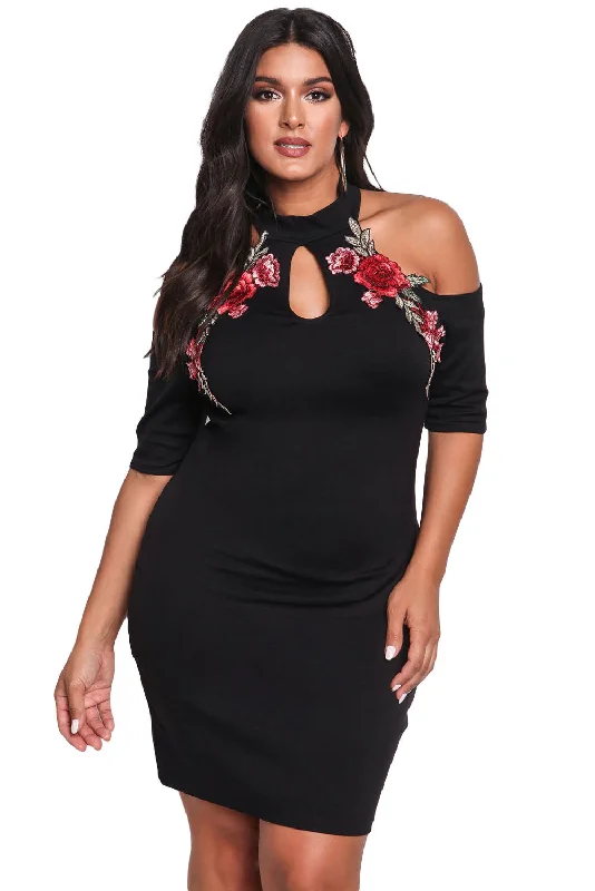 Sexy Plus Size Rose Applique Cold Shoulder Bodycon Dress Bodycon Evening Dress