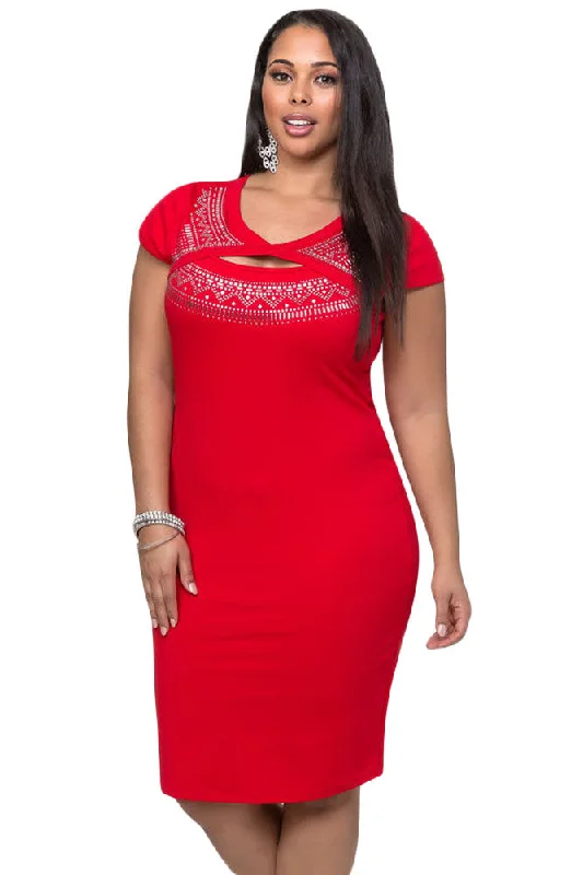 Sexy Red Curvaceous Cutout Foil Print Bodycon Dress Elegant Bodycon Dress