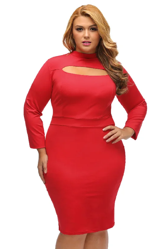 Sexy Red Long Sleeve Keyhole Bodycon Plus Size Dress Curvy Bodycon Dress