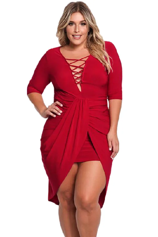 Sexy Red Plus Size Plunge Cross Strap Surplice Bodycon Dress Off-shoulder Dress Set