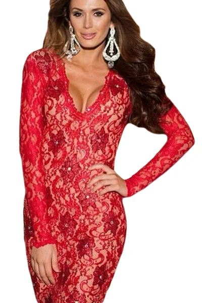 Sexy Red Scalloped Deep V Backless Lace Bodycon Dress Sheer Bodycon Dress