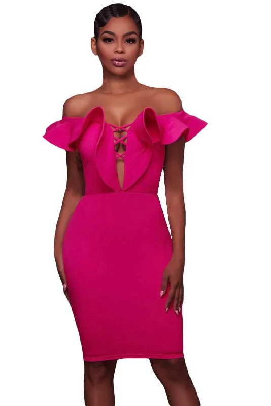 Sexy Rosy Off Shoulder Ruffle Bodycon Party Dress Off-shoulder Bodycon