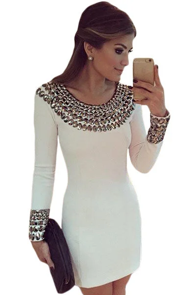 Sexy Round Neck Long Sleeve Bodycon Studded Dress Black Bodycon Dress