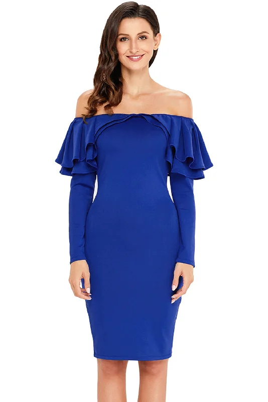 Sexy Royal Blue Ruffle Off The Shoulder Long Sleeve Bodycon Dress Strappy Bodycon Dress