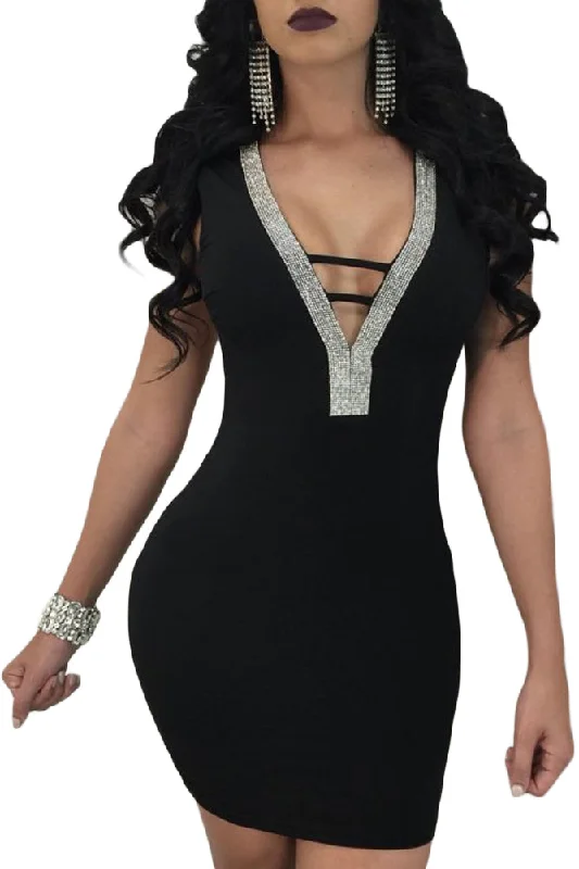 Sexy V Neck Hollow-out Silver Trim Black Bodycon Prom Dress Form-fitting Bodycon Dress