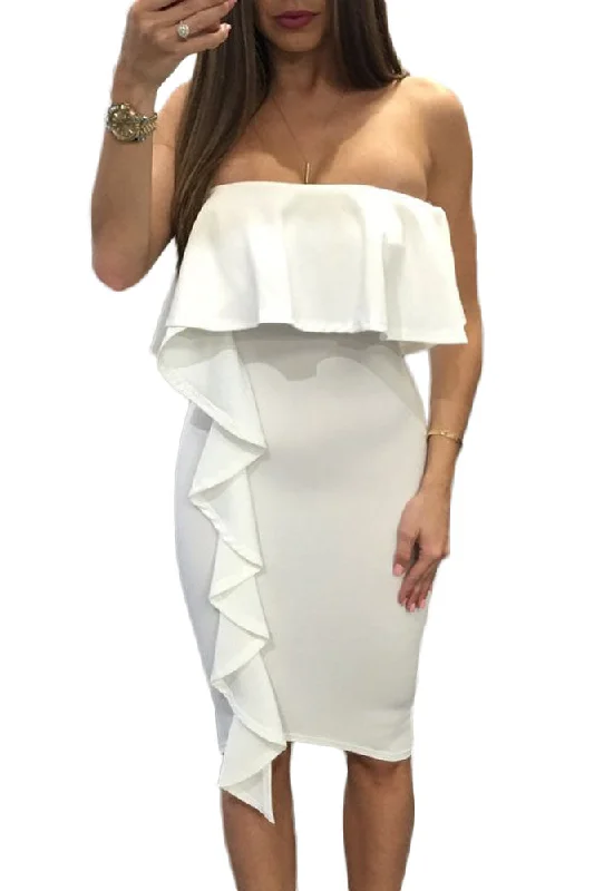 Sexy White Asymmetric Ruffle Trim Strapless Bodycon Dress Mesh Bodycon Dress