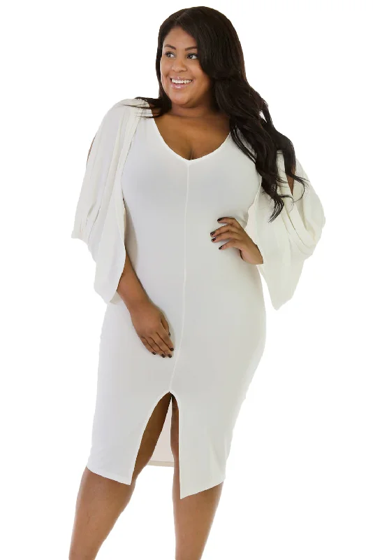 Sexy White Cascading Slit Sleeve Bodycon Plus Size Dress Elegant Slim Bodycon