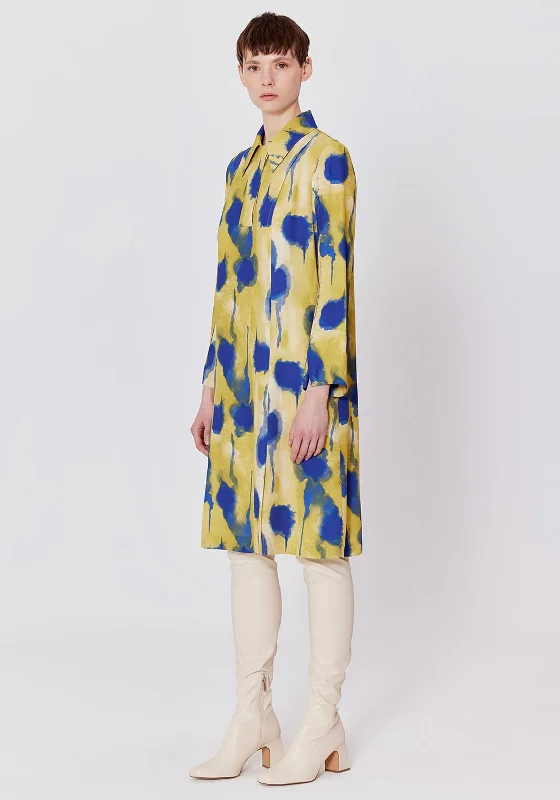 Birelin Ink Dye Knee Length Shirt Dress, Yellow & Blue Sexy Shirt Dress