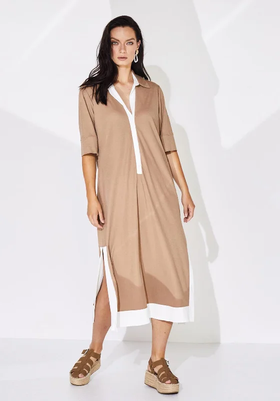 Naya Contrast Band Button Through Midi Dress, Camel & White Classic Midi Skirt