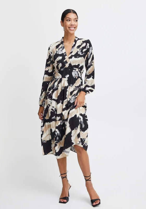 B.Young Hamma Marble Print A-Line Midi Dress, Birch Mix High-Waisted Midi Skirt