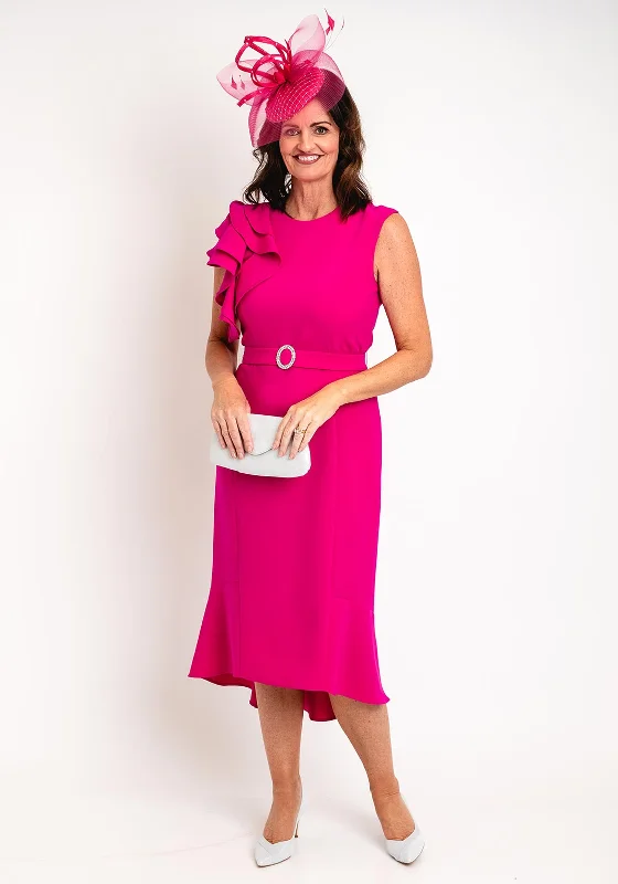 Claudia C Dublin Ruffle Shoulder Midi Dress, Magenta Slim Fit Midi