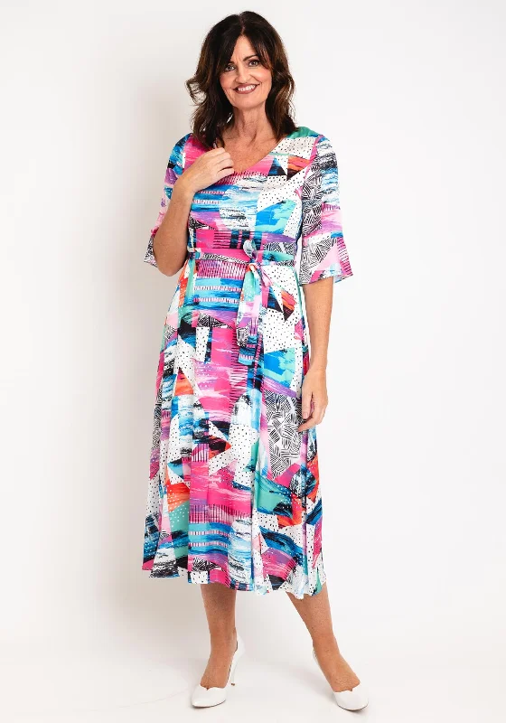 Ella Boo Satin Touch Multi Print Midi Dress, Multi Casual A-line Skirt