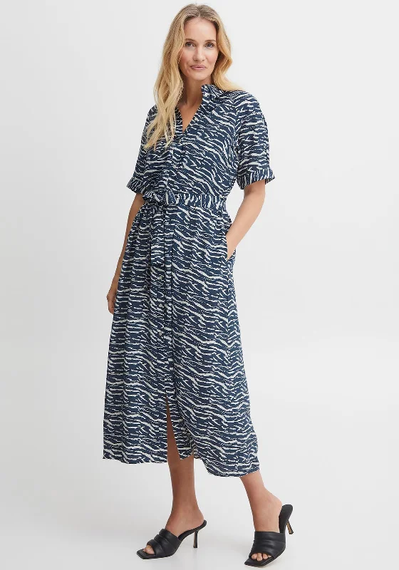 Fransa Tiger Print Pattern Shirt Dress, Navy Cute Shirt Dress