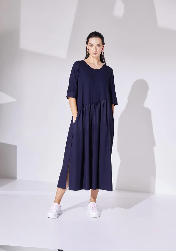 Naya Gathered Contrast Skirt Jersey Midi Dress, Navy Classic A-line Skirt