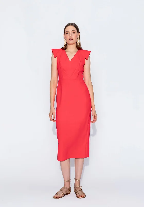 Kameya V-Neckline Midi Pencil Dress, Red Wrap Midi Skirt