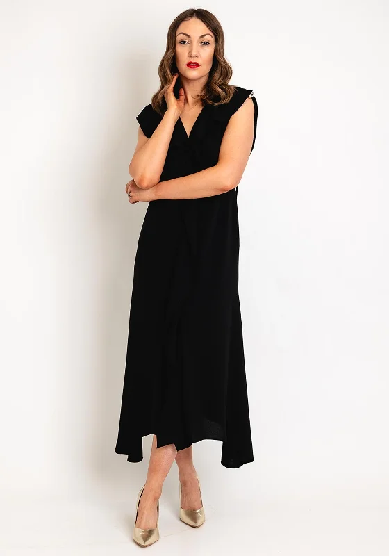 Kameya Ruffled Front Midi Dress, Black Structured Midi Skirt