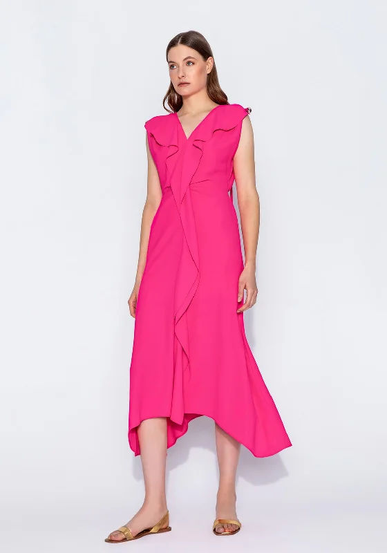 Kameya Ruffled Front Midi Dress, Fuchsia Long Midi Skirt