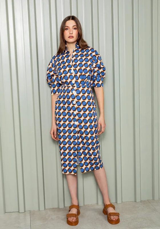 Kameya Ciricle Print A-line Midi Shirt Dress, Indigo Knit Midi Skirt