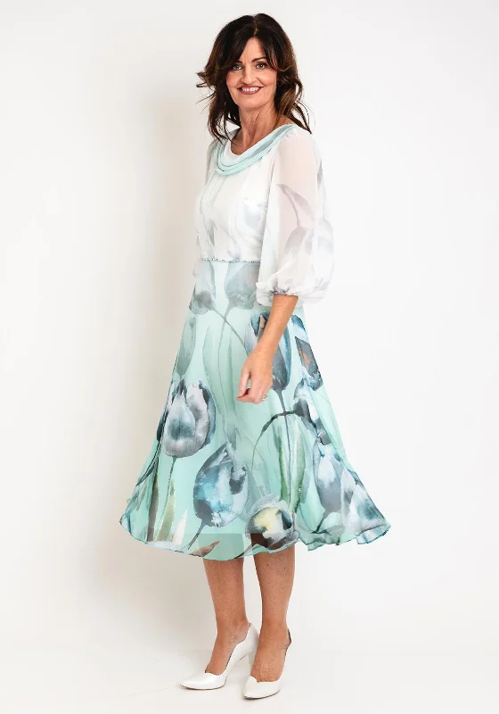 Lizabella Tulip Print Chiffon Midi Dress,Ice Green Printed Midi Skirt