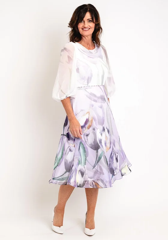 Lizabella Tulip Print Chiffon Midi Dress, Violet Midi Skirt Outfit