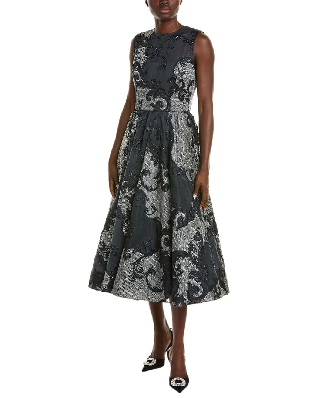 Oscar de la Renta Chevron Scroll Fil Coupe Silk-Blend Midi Dress Pleated A-line Skirt