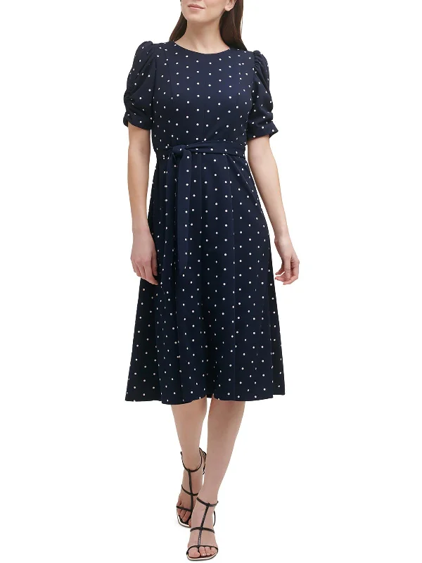 Petites Womens Polka Dot Knit Midi Dress Soft A-line Skirt