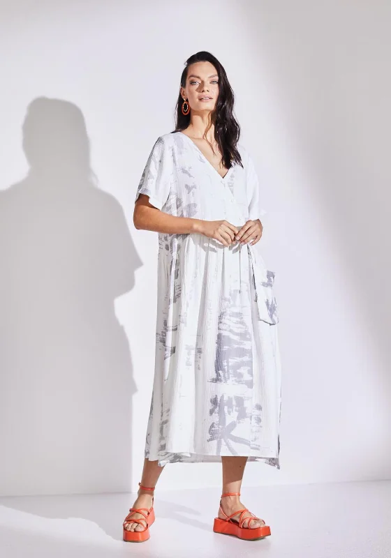 Naya Mock Pocket Print Midi A-line Dress, White Pleated Satin Skirt