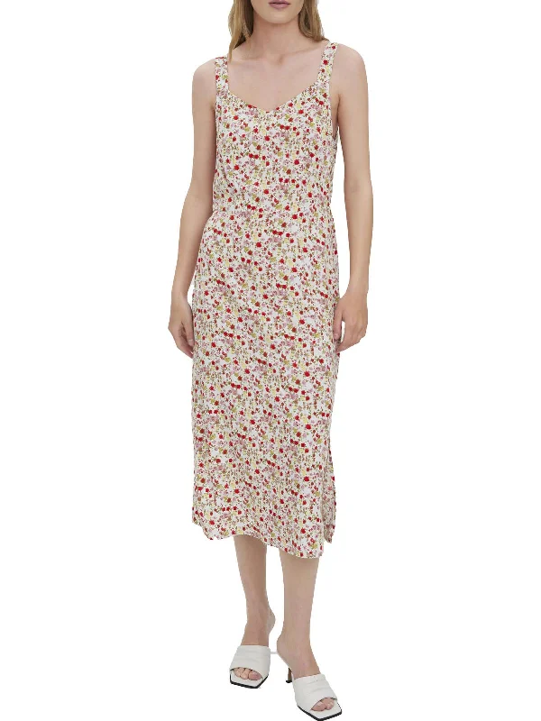 Womens Floral Mid-Calf Midi Dress Pleated Floral Midi